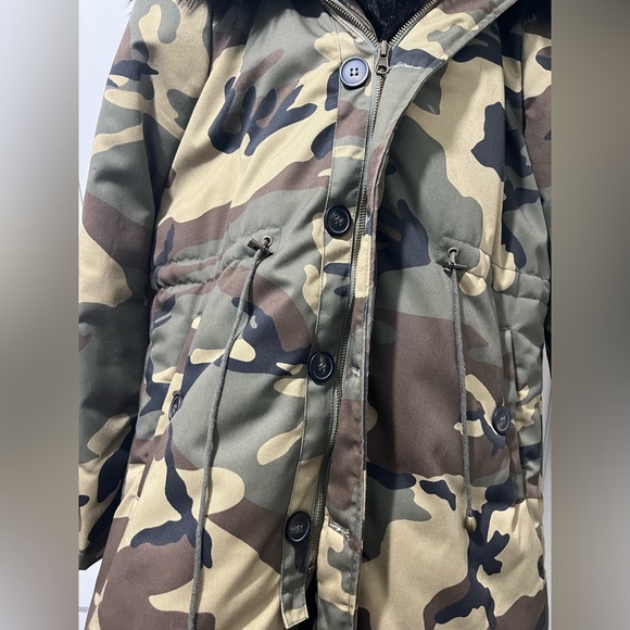 Black Faux Fur Trim Hood Army Camouflage Coat - Picture 8 of 14
